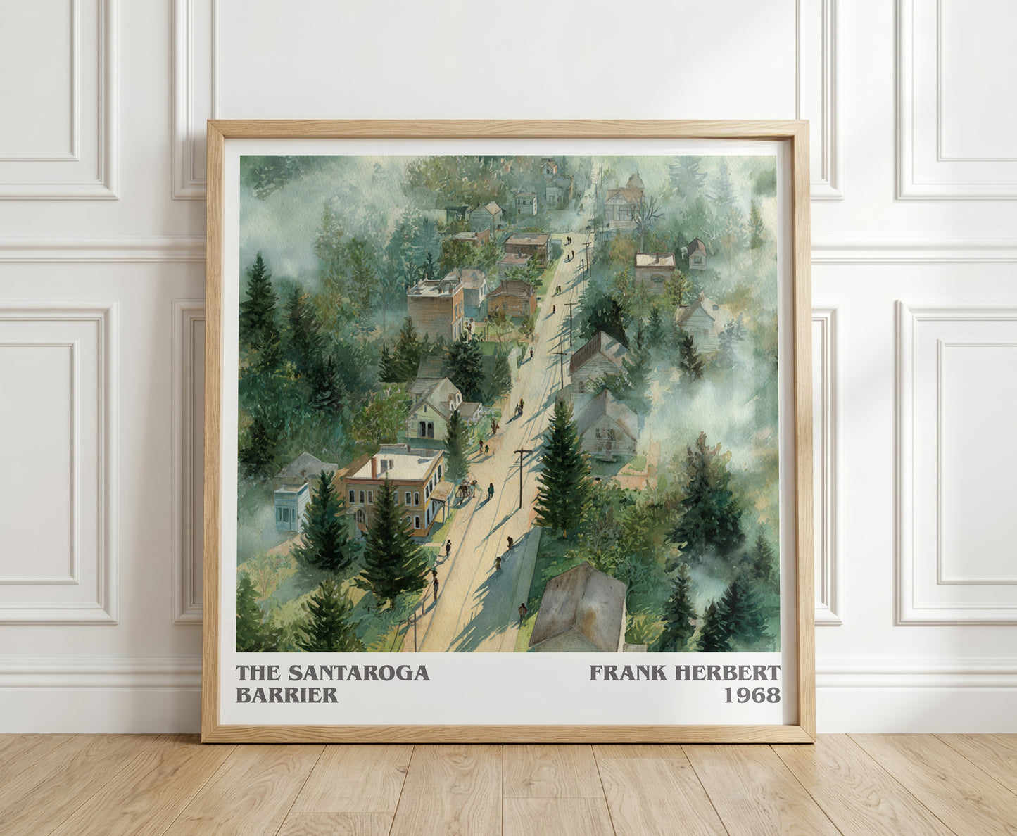 The Santaroga Barrier literary print in frame leaning in hallway – sci fi wall art
