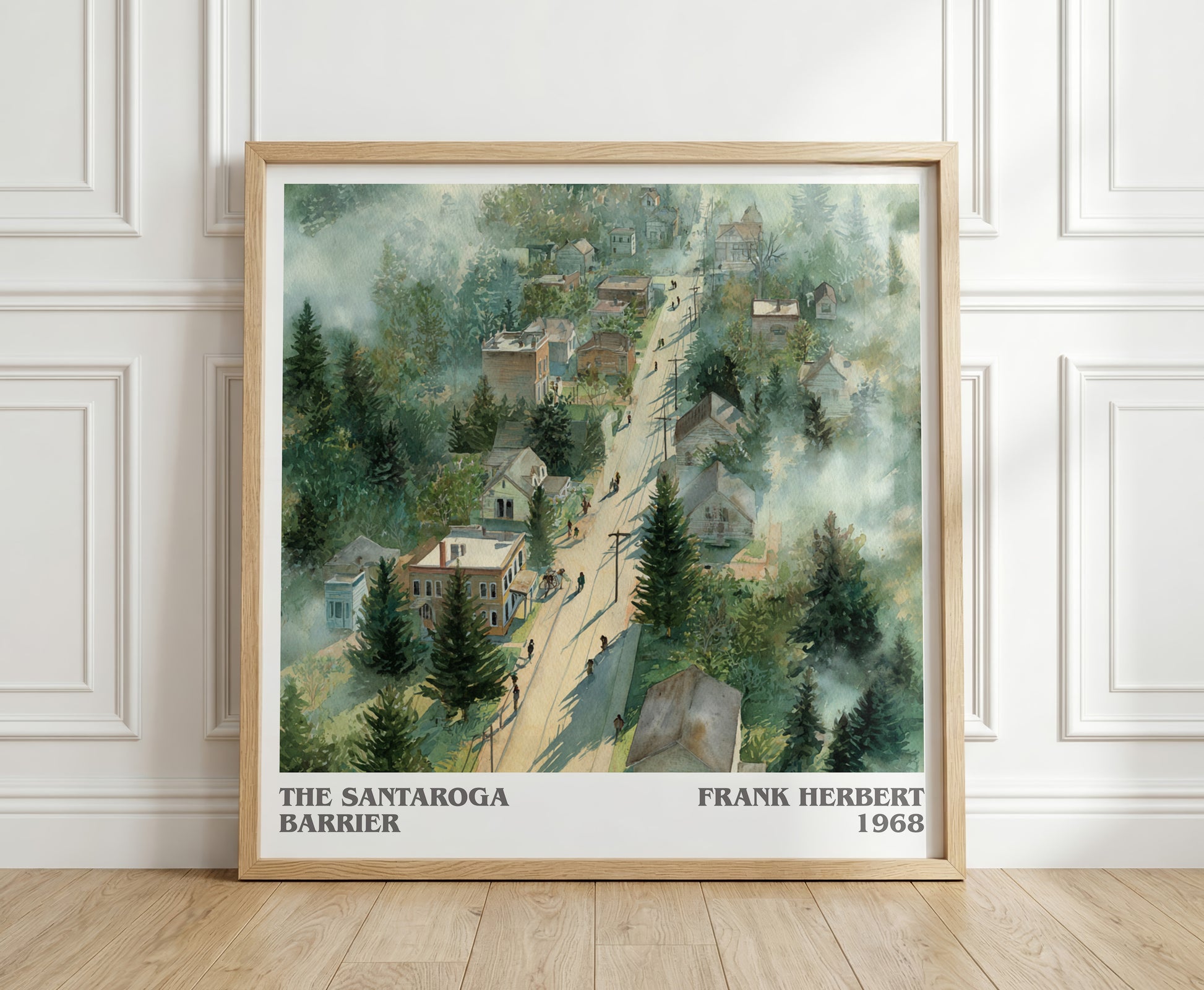 The Santaroga Barrier literary print in frame leaning in hallway – sci fi wall art