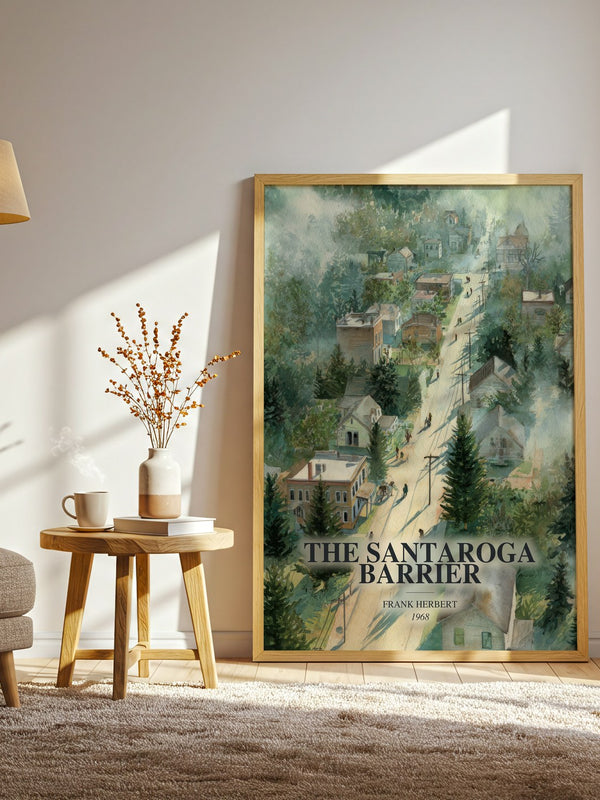 The Santaroga Barrier watercolour print in frame leaning in hallway – sci fi wall art