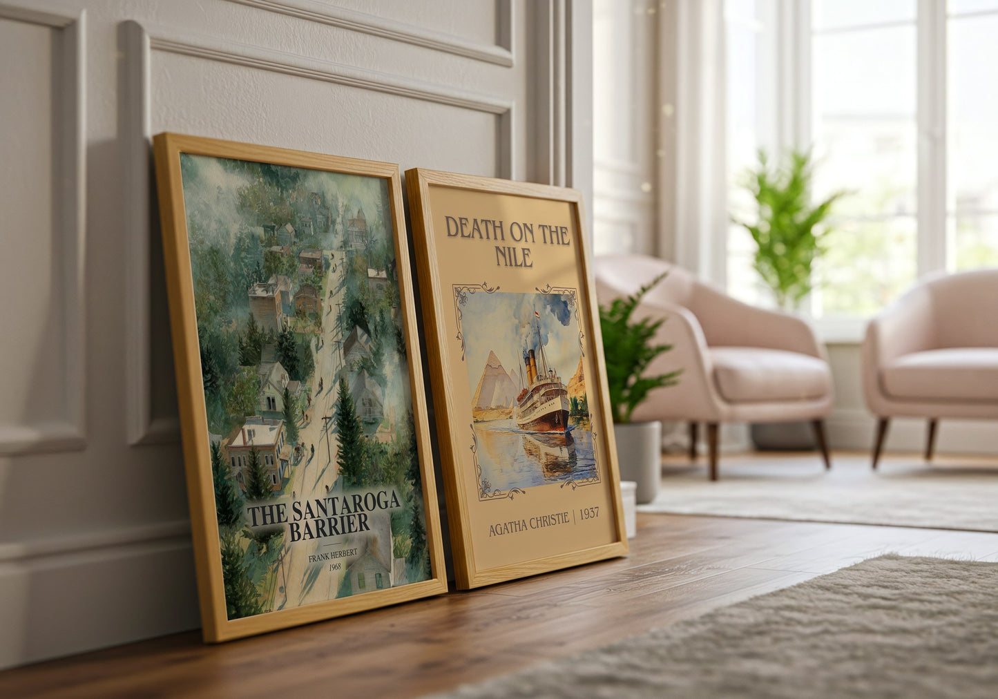 The Santaroga Barrier watercolour print framed by window – literary home decor