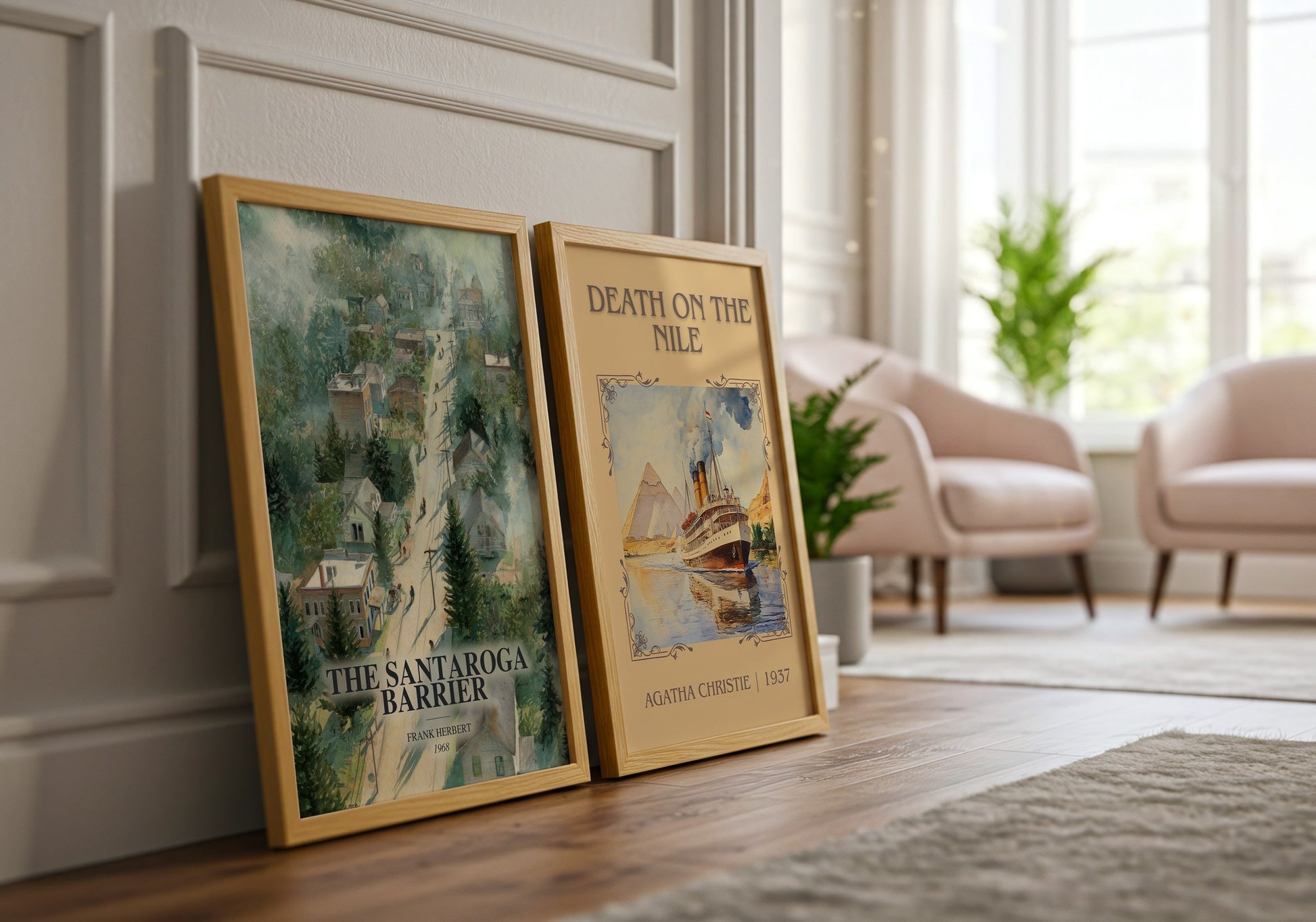 The Santaroga Barrier watercolour print framed by window – literary home decor