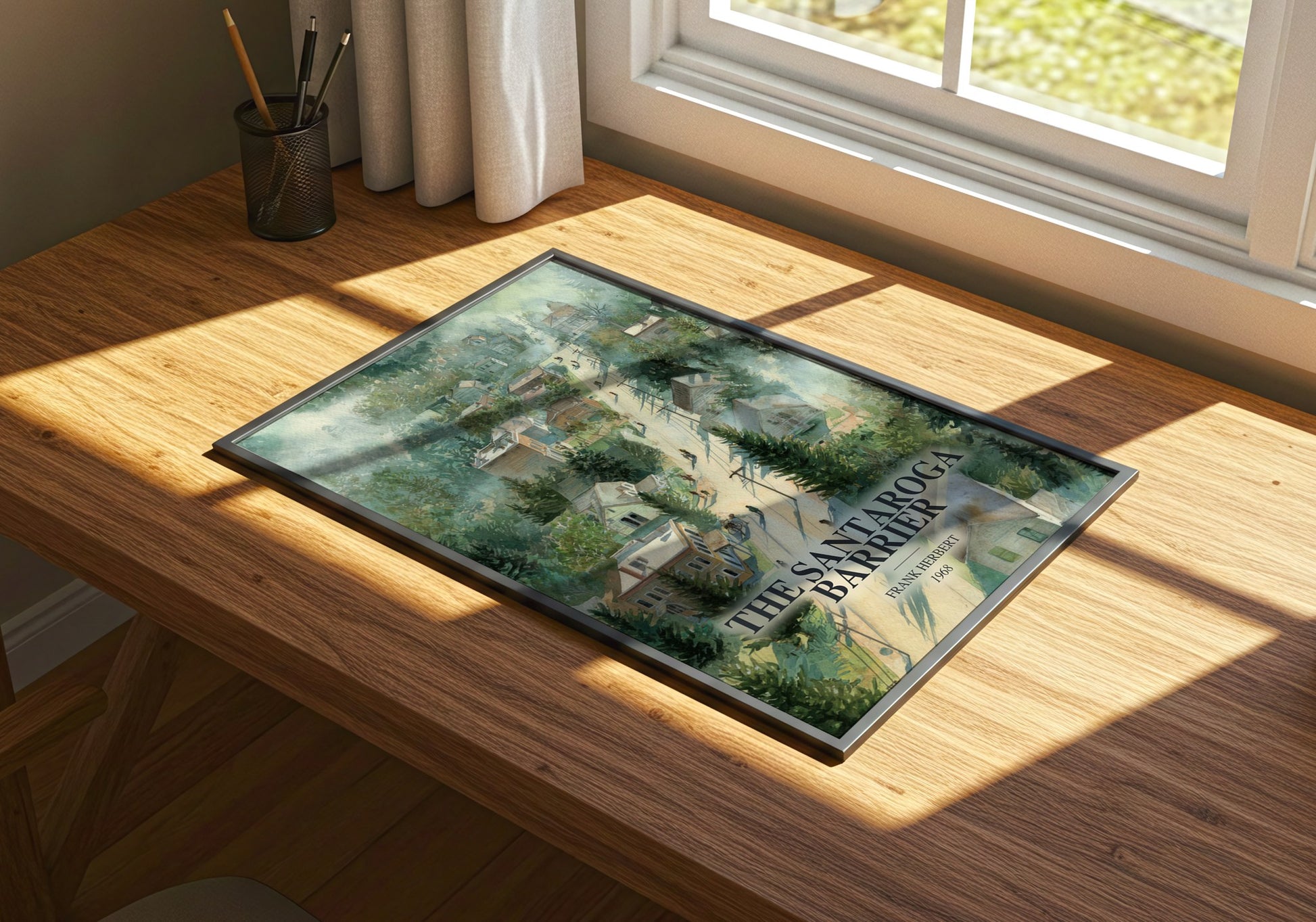 The Santaroga Barrier watercolour book poster framed on wall – sci fi wall art