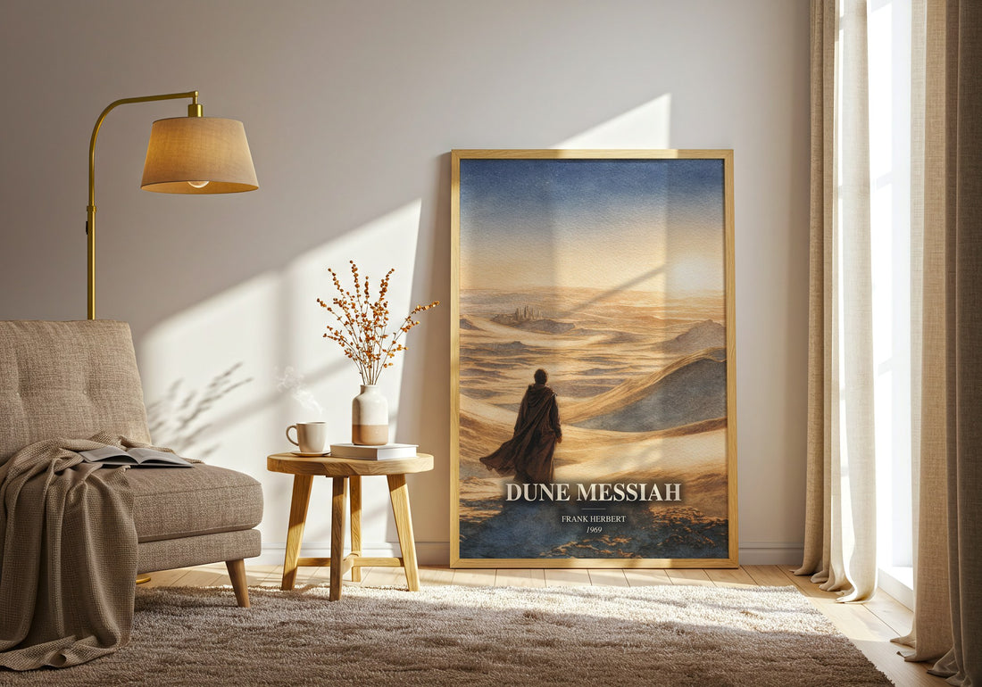 Dune Messiah watercolour print in frame leaning in hallway – sci fi wall art (mockup)