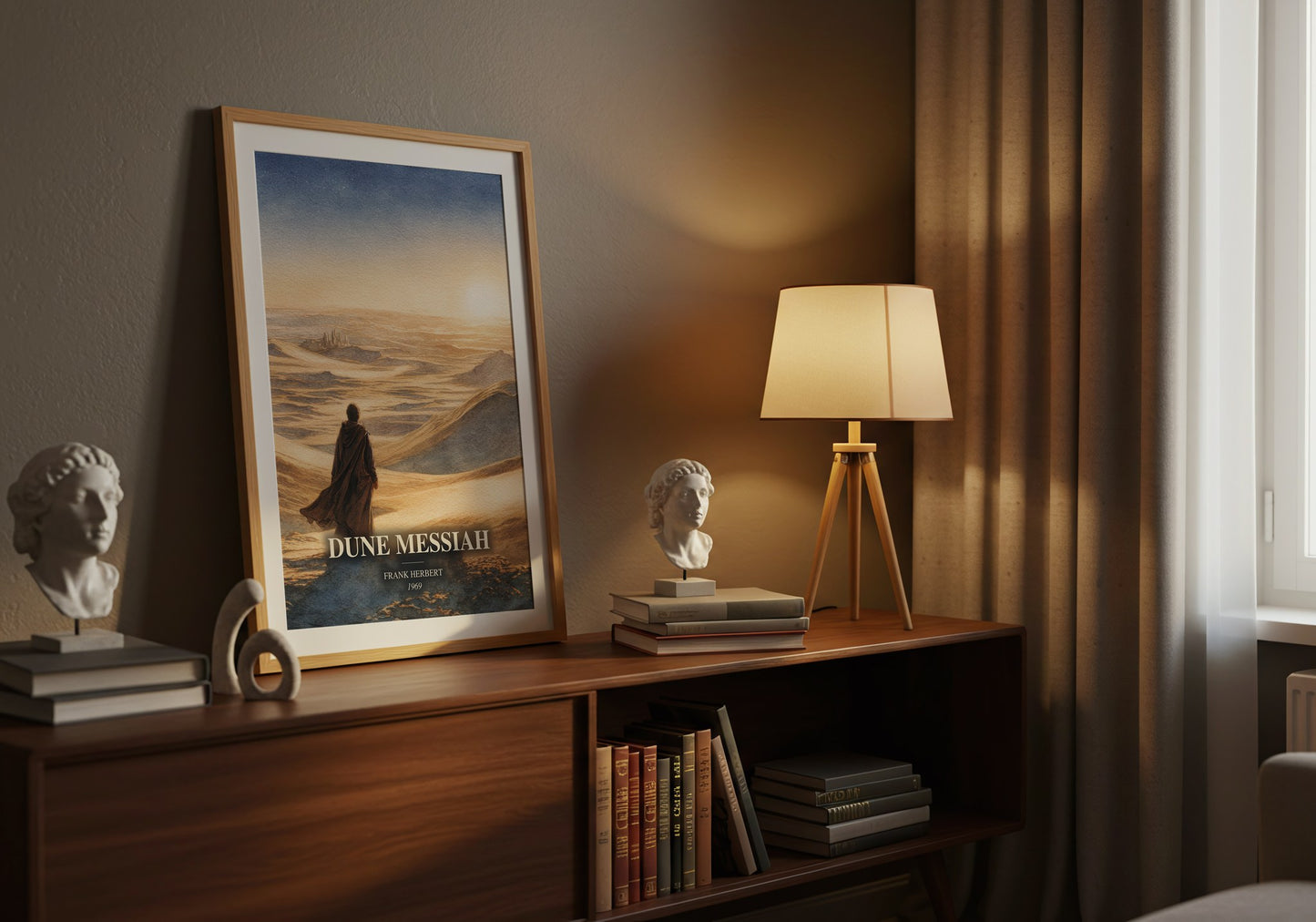 Dune Messiah watercolour print on bookshelf – Frank Herbert fan gift