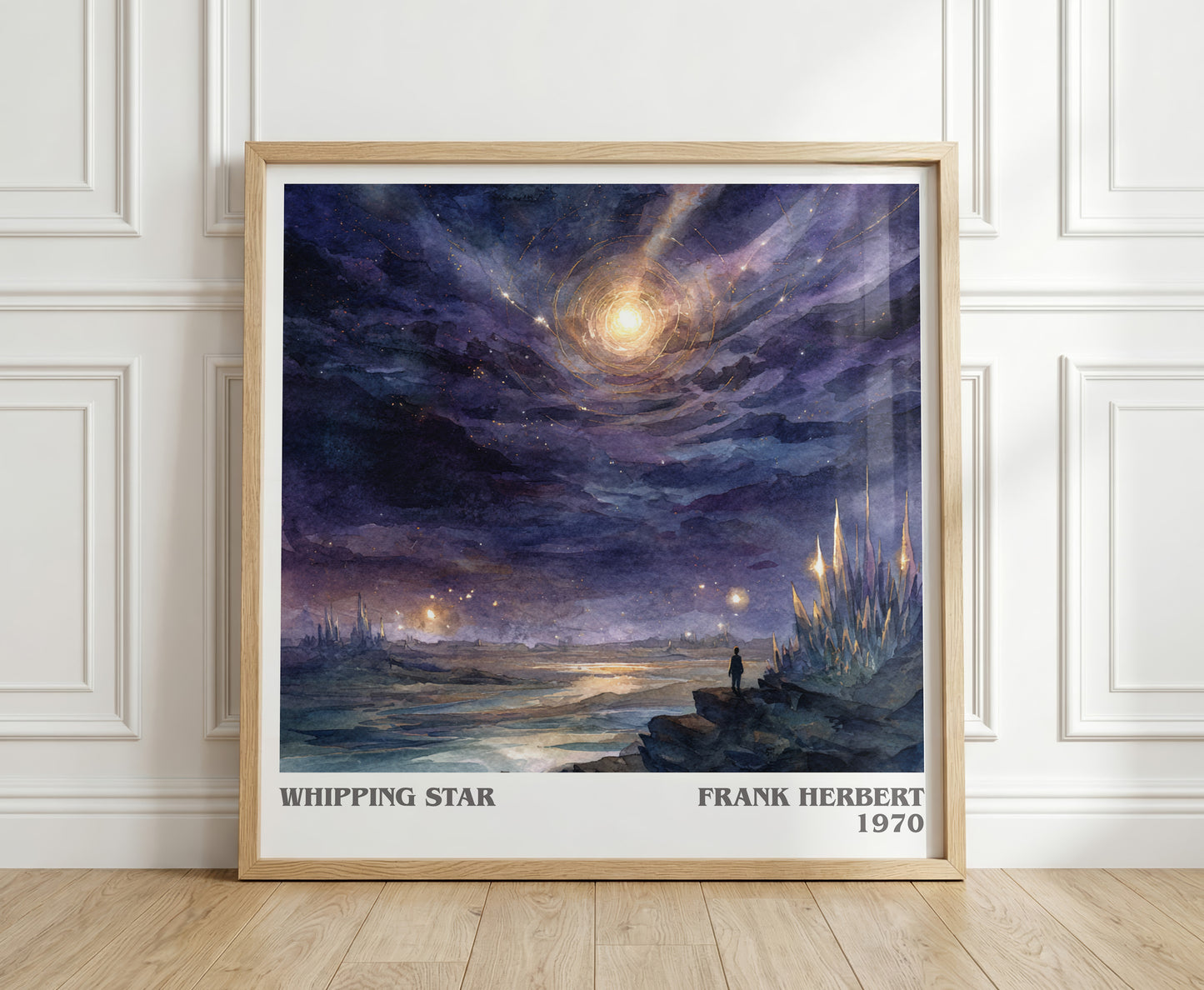 Whipping Star literary print in frame leaning in hallway – sci fi wall art