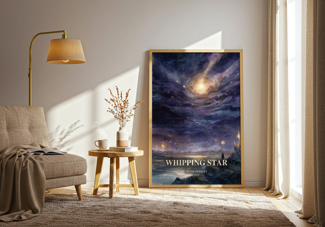 Whipping Star watercolour print in frame leaning in hallway – sci fi wall art (mockup)