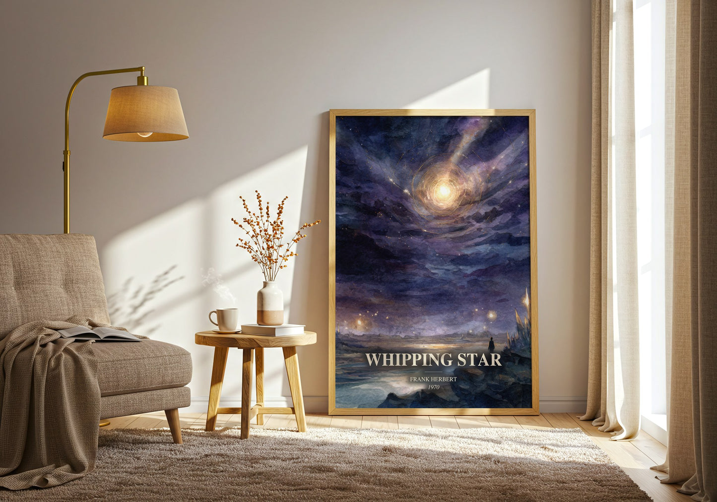 Whipping Star watercolour print in frame leaning in hallway – sci fi wall art