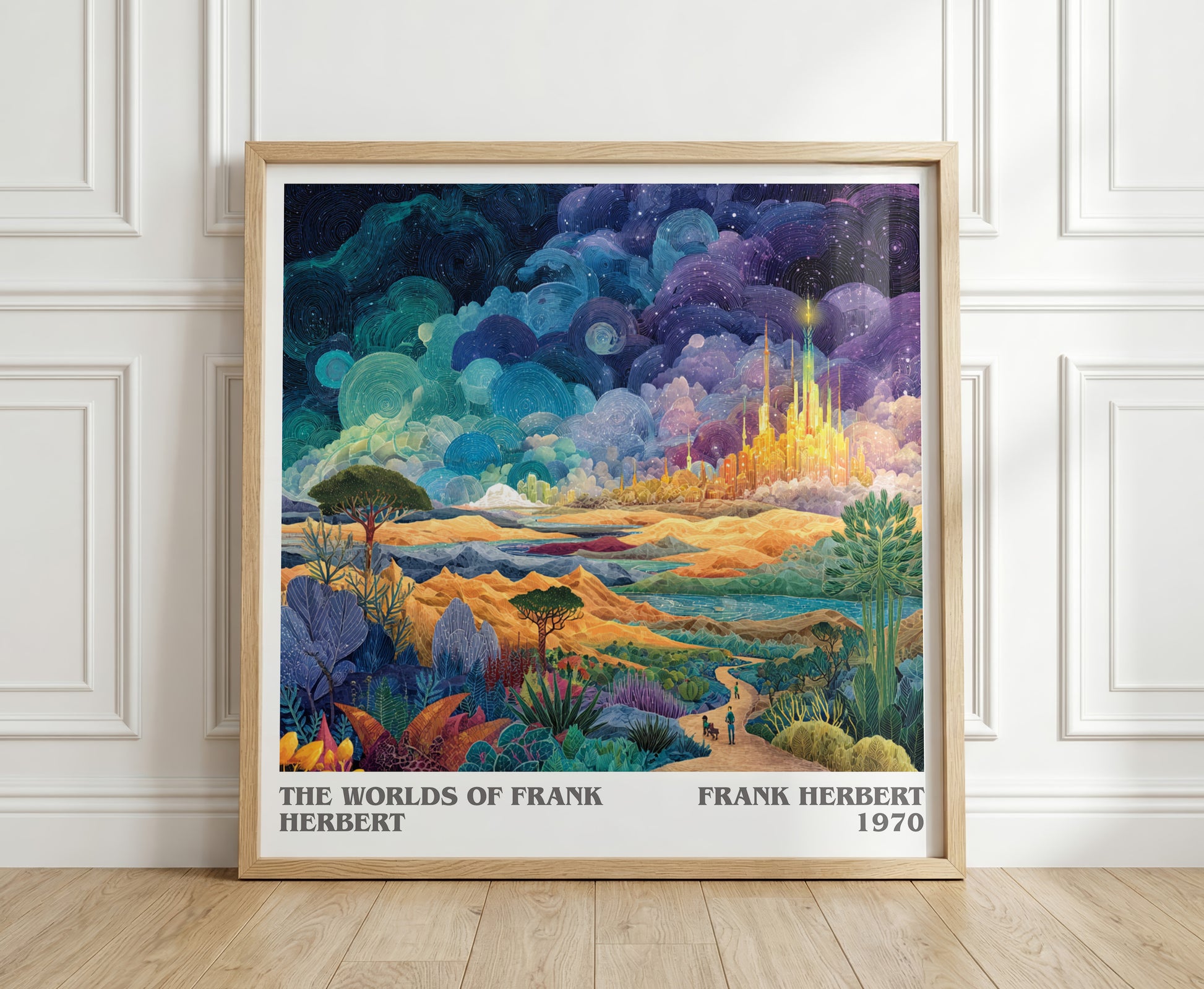 The Worlds of Frank Herbert literary print in frame leaning in hallway – sci fi wall art