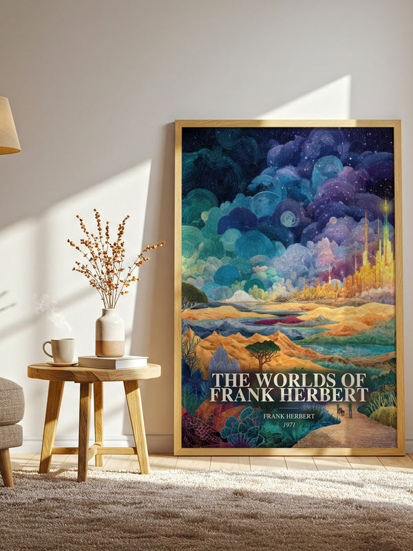 The Worlds Of Frank Herbert watercolour print in frame leaning in hallway – sci fi wall art