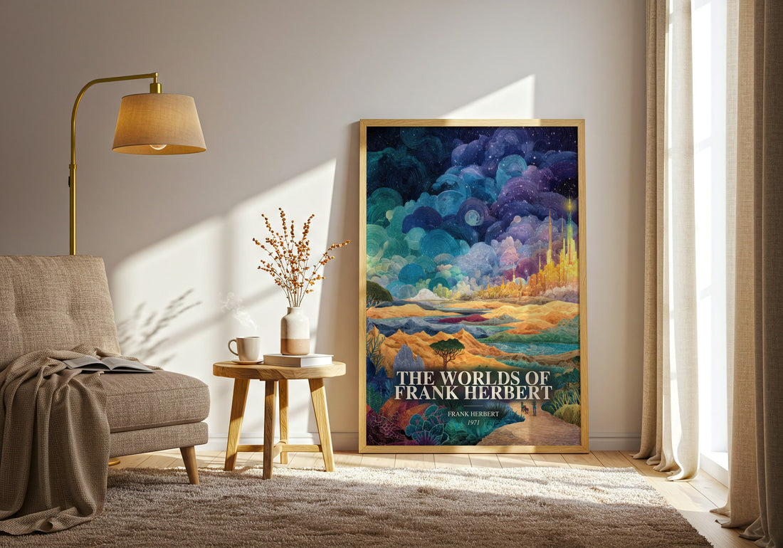 The Worlds Of Frank Herbert watercolour print in frame leaning in hallway – sci fi wall art (mockup)