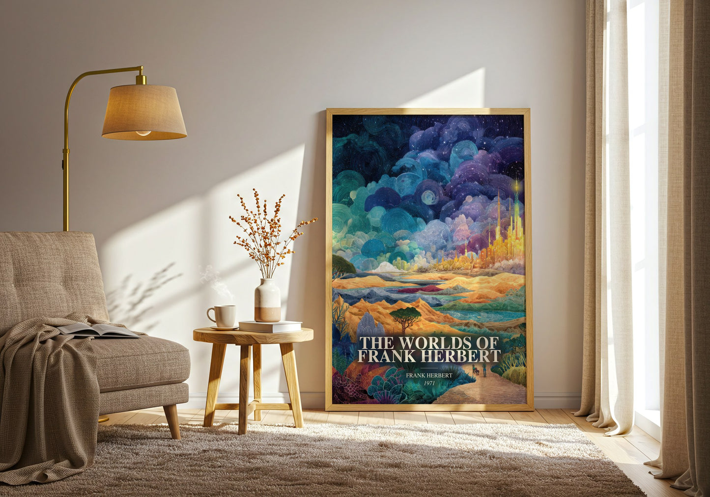 The Worlds Of Frank Herbert watercolour print in frame leaning in hallway – sci fi wall art
