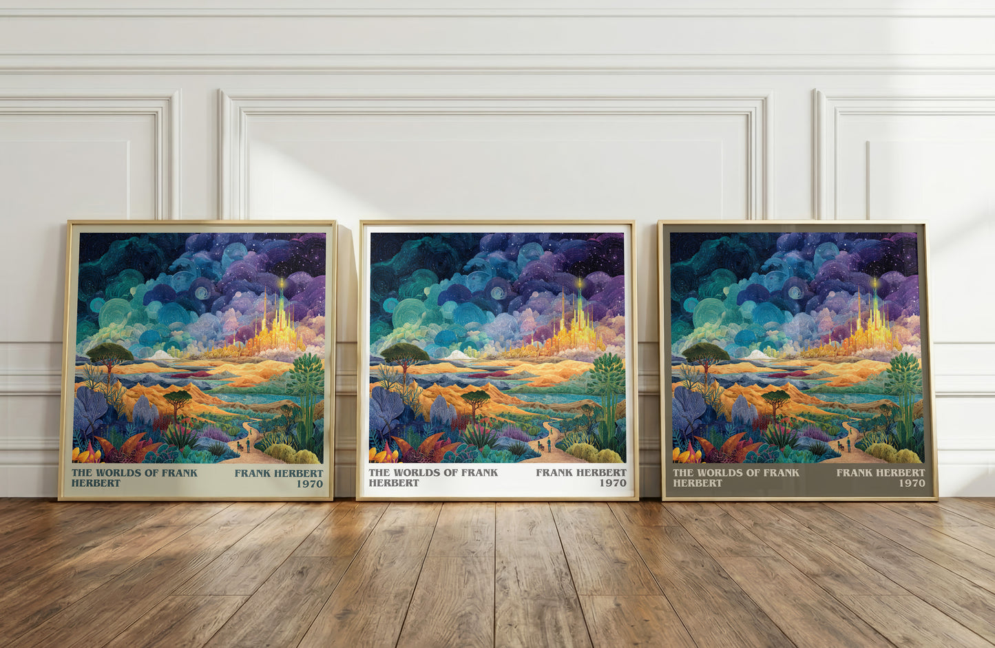 The Worlds of Frank Herbert literary print framed by window – literary home decor