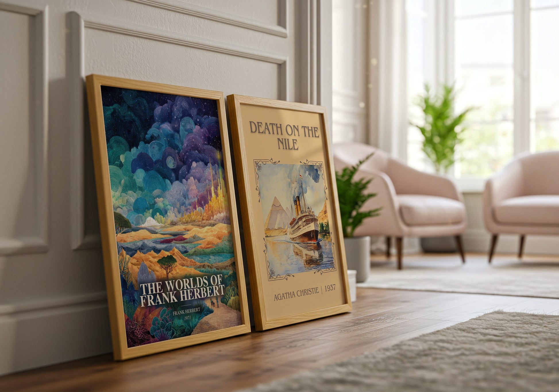 The Worlds Of Frank Herbert watercolour print framed by window – literary home decor