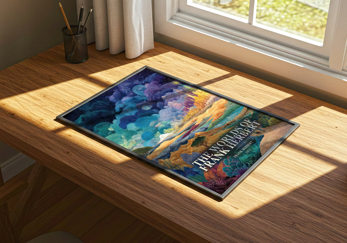 The Worlds Of Frank Herbert watercolour book poster framed on wall – sci fi wall art