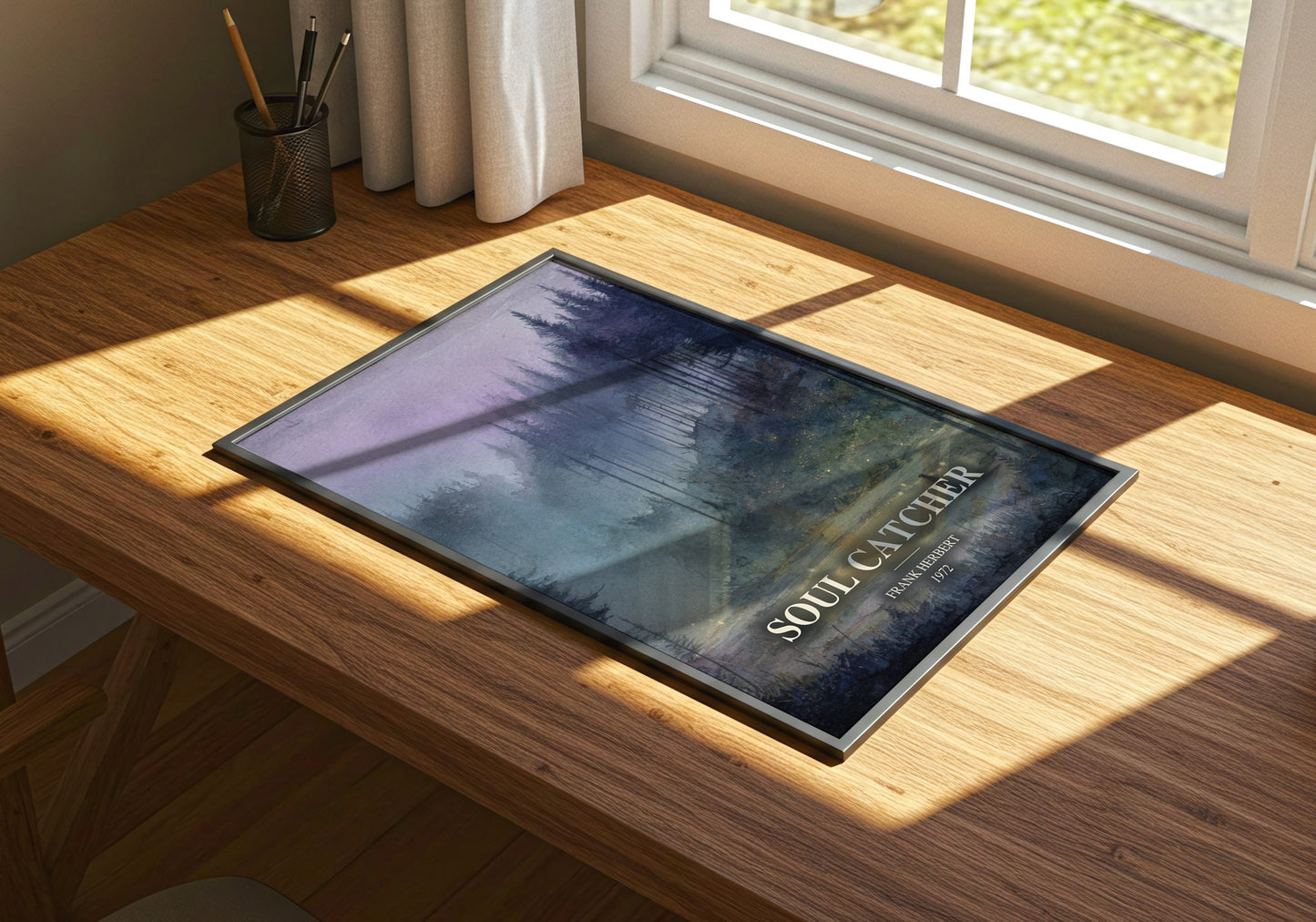 Soul Catcher watercolour book poster framed on wall – literary fiction wall art