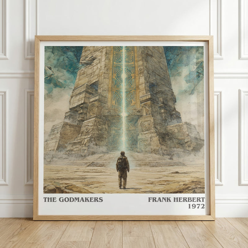 The Godmakers literary print in frame leaning in hallway – historical fiction wall art