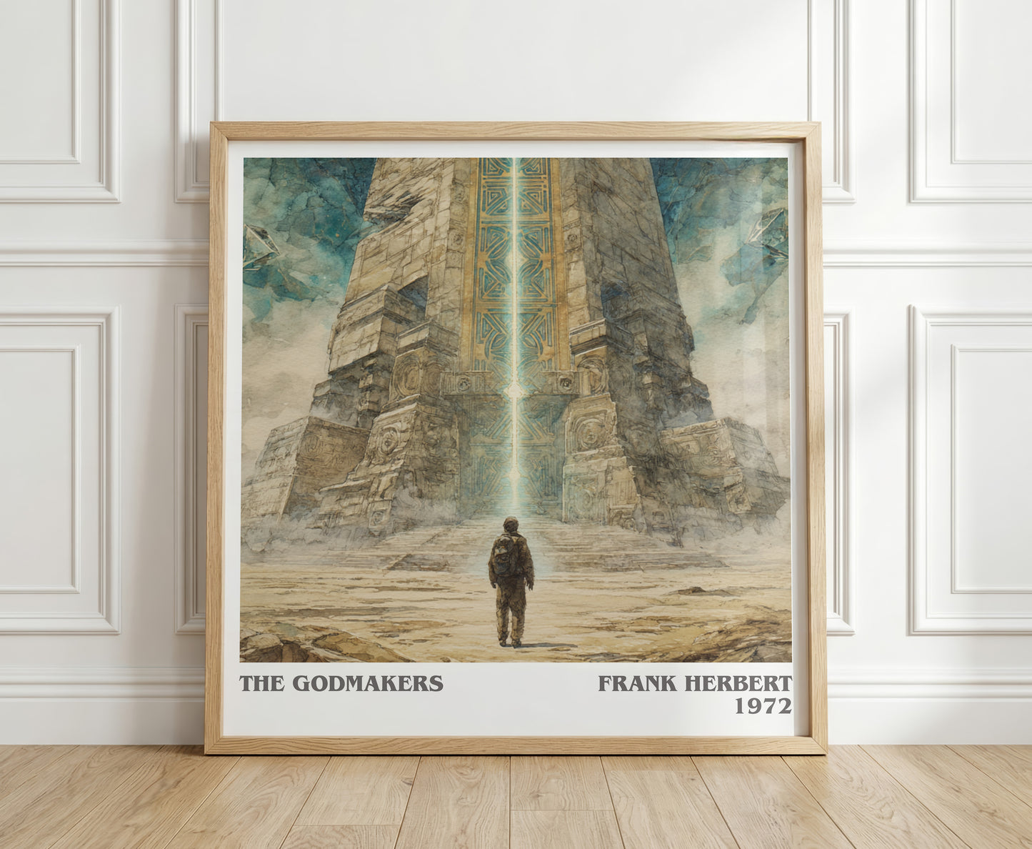 The Godmakers literary print in frame leaning in hallway – historical fiction wall art