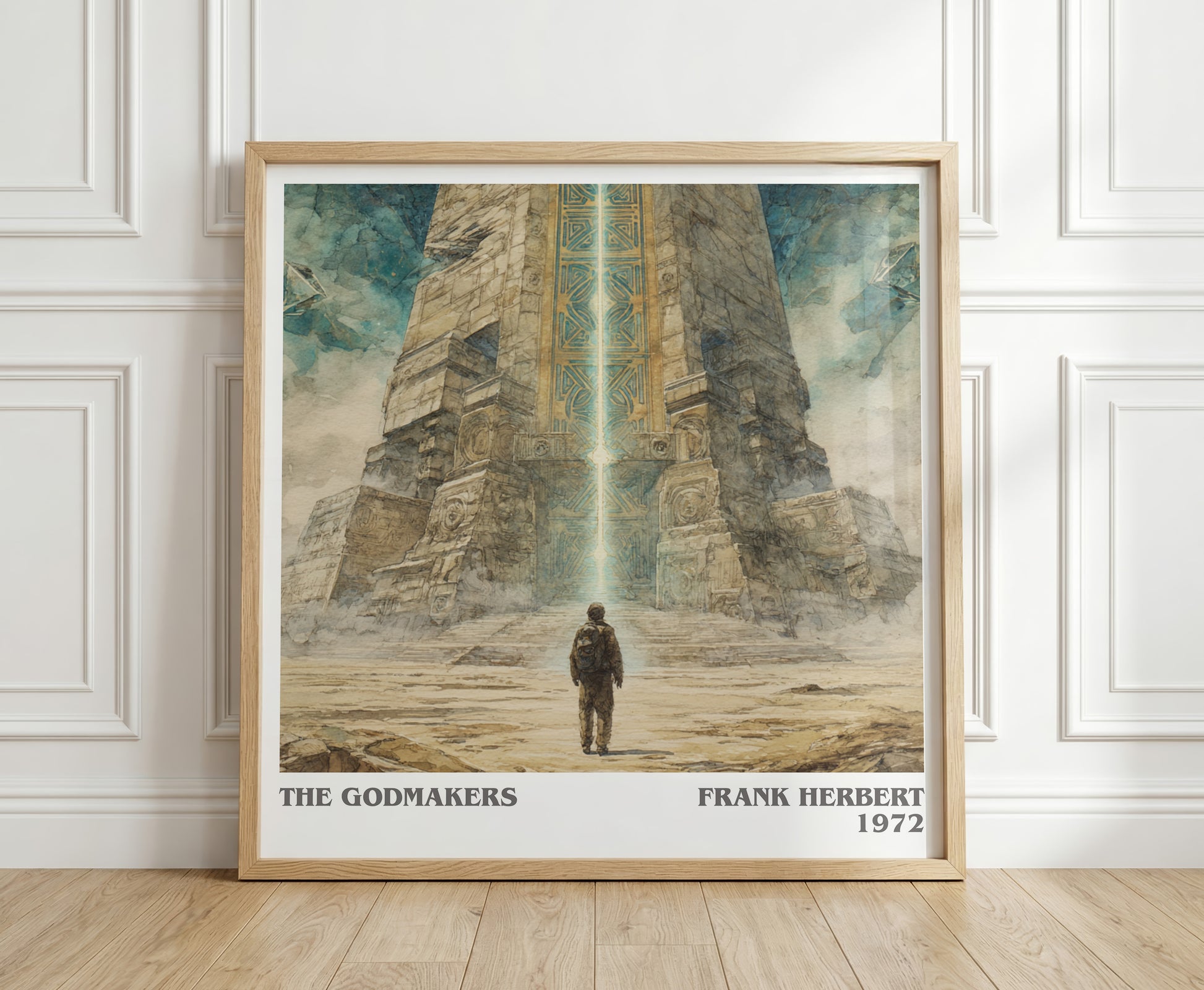 The Godmakers literary print in frame leaning in hallway – historical fiction wall art