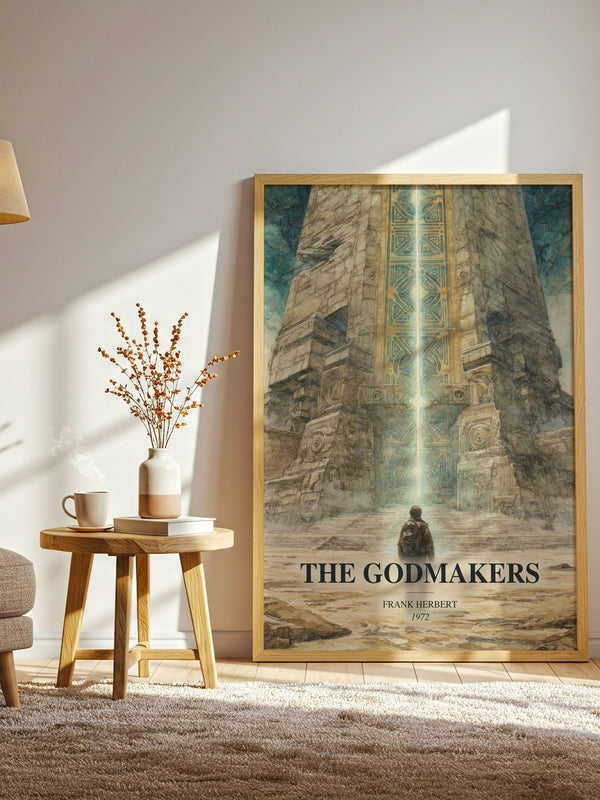 The Godmakers watercolour print in frame leaning in hallway – sci fi wall art