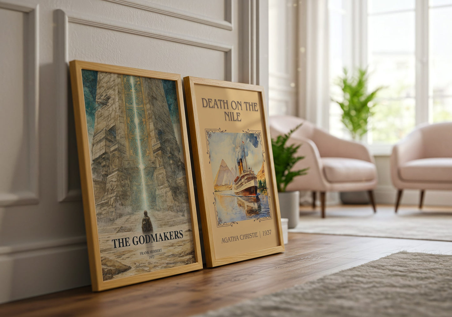 The Godmakers watercolour print framed by window – literary home decor