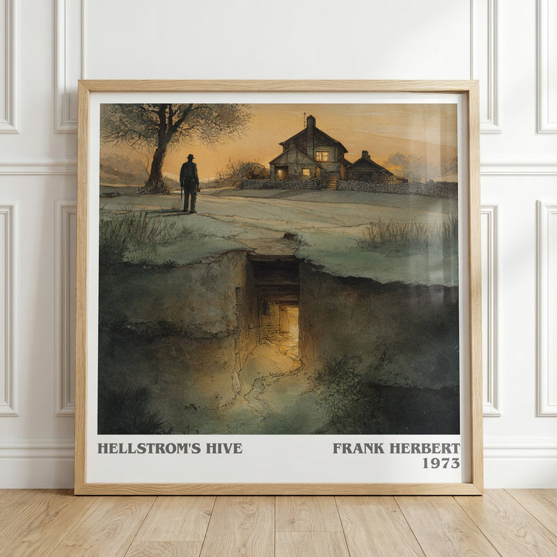 Hellstrom's Hive literary print in frame leaning in hallway – sci fi wall art