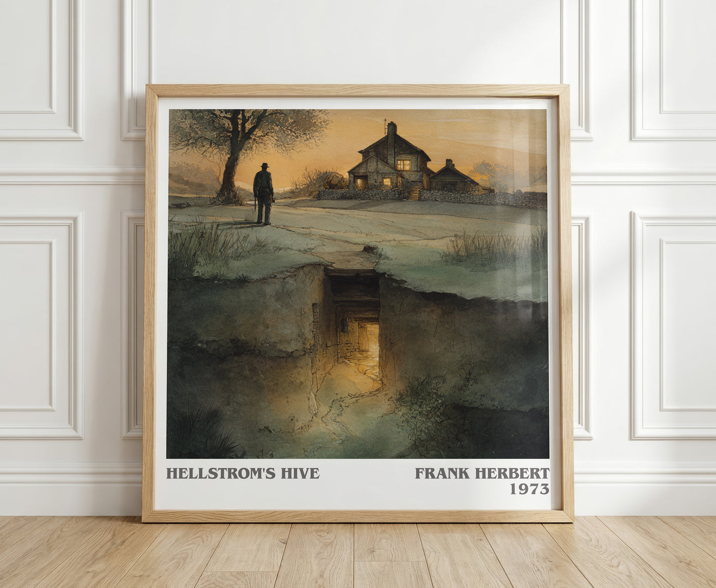 Hellstrom's Hive literary print in frame leaning in hallway – sci fi wall art