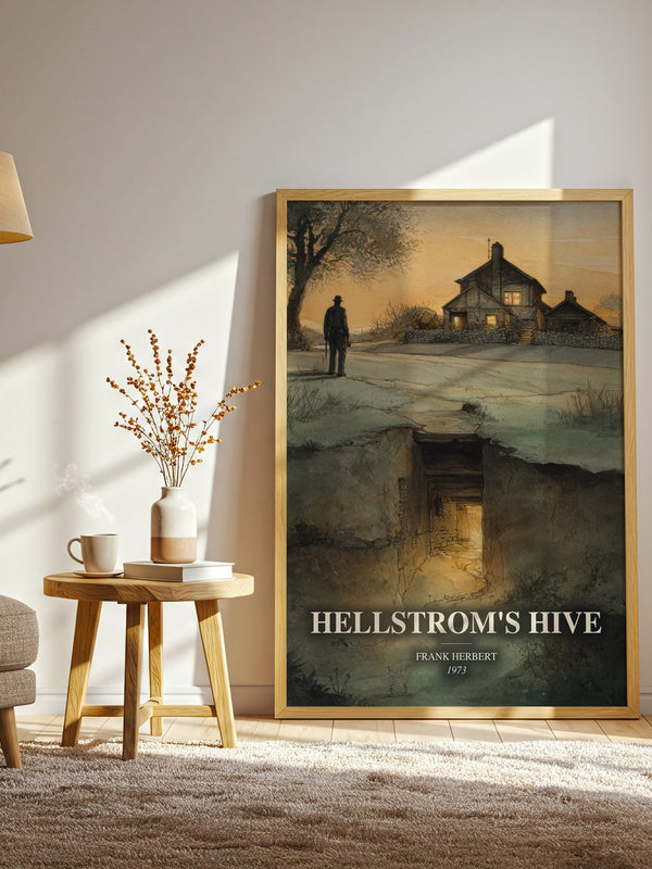 Hellstrom'S Hive watercolour print in frame leaning in hallway – sci fi wall art