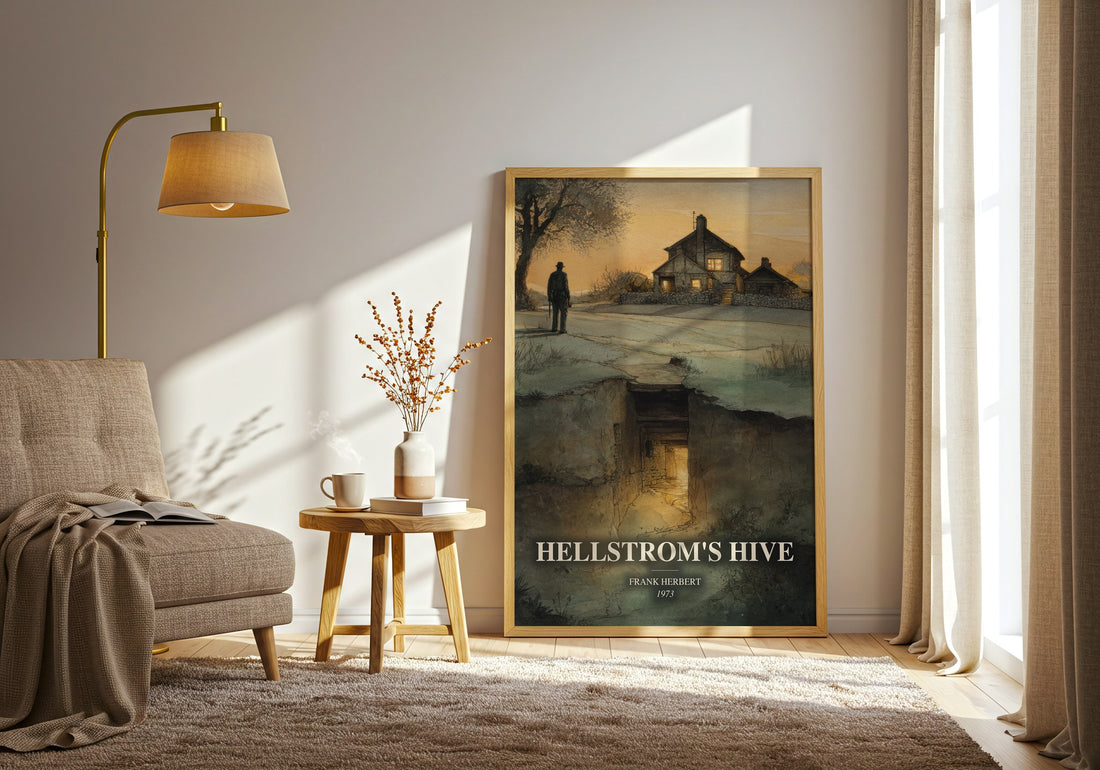 Hellstrom'S Hive watercolour print in frame leaning in hallway – sci fi wall art (mockup)