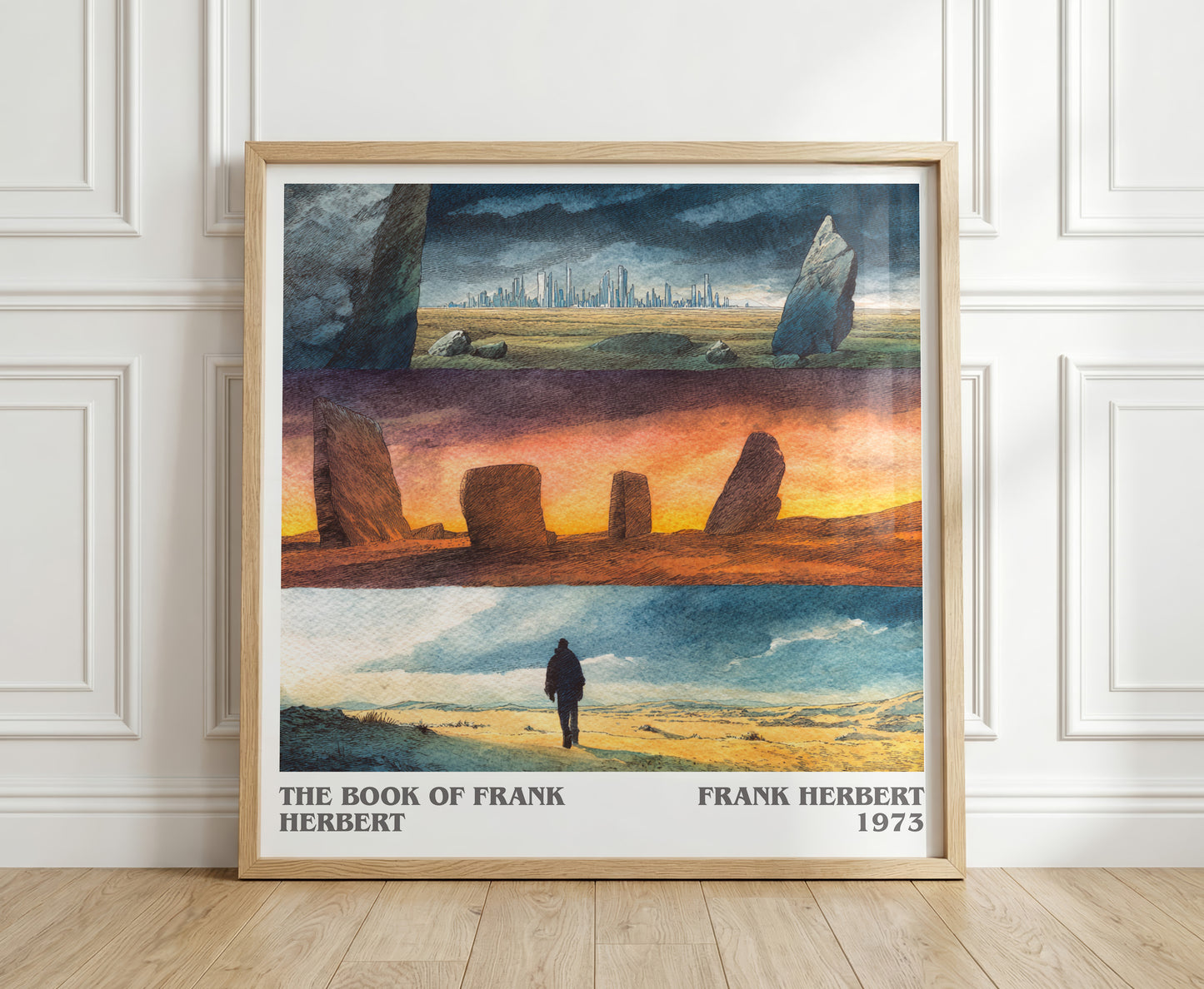 The Book of Frank Herbert literary print in frame leaning in hallway – sci fi wall art