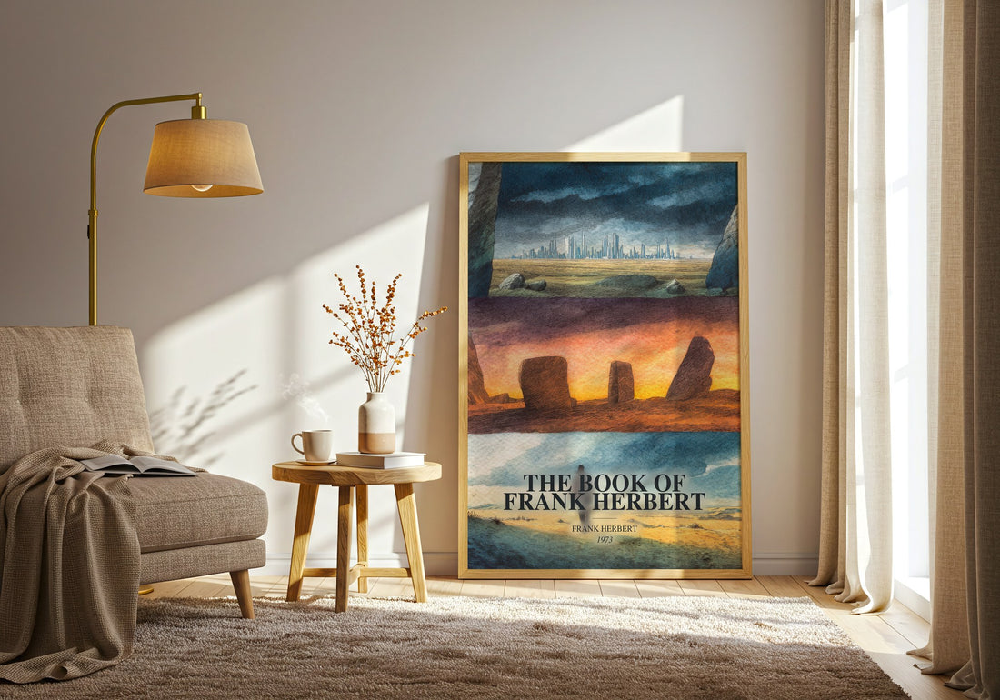 The Book Of Frank Herbert watercolour print in frame leaning in hallway – sci fi wall art (mockup)