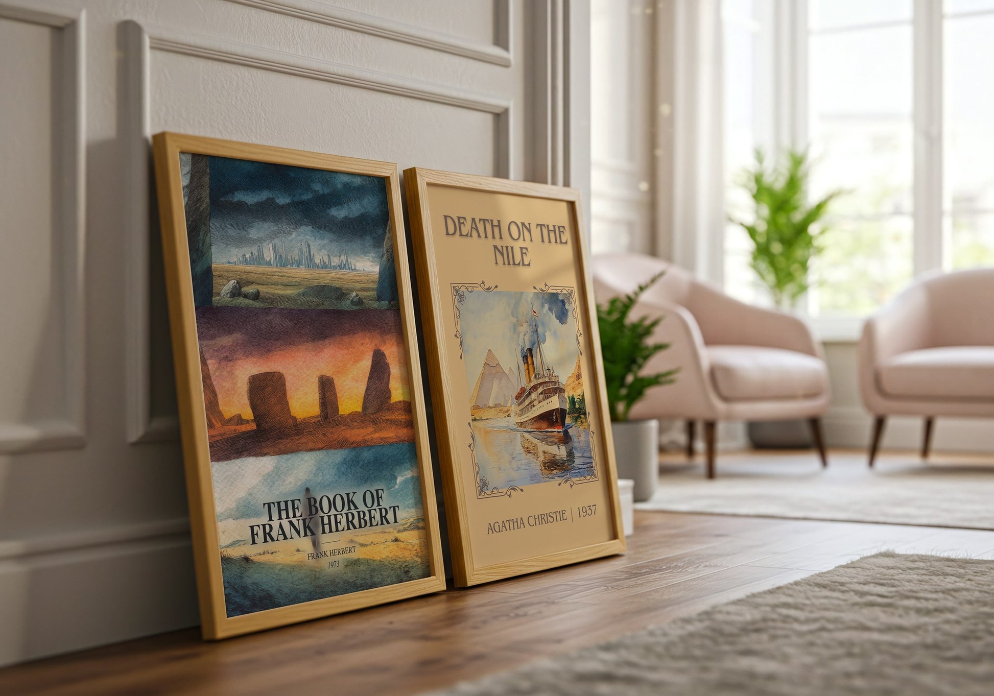 The Book Of Frank Herbert watercolour print framed by window – literary home decor