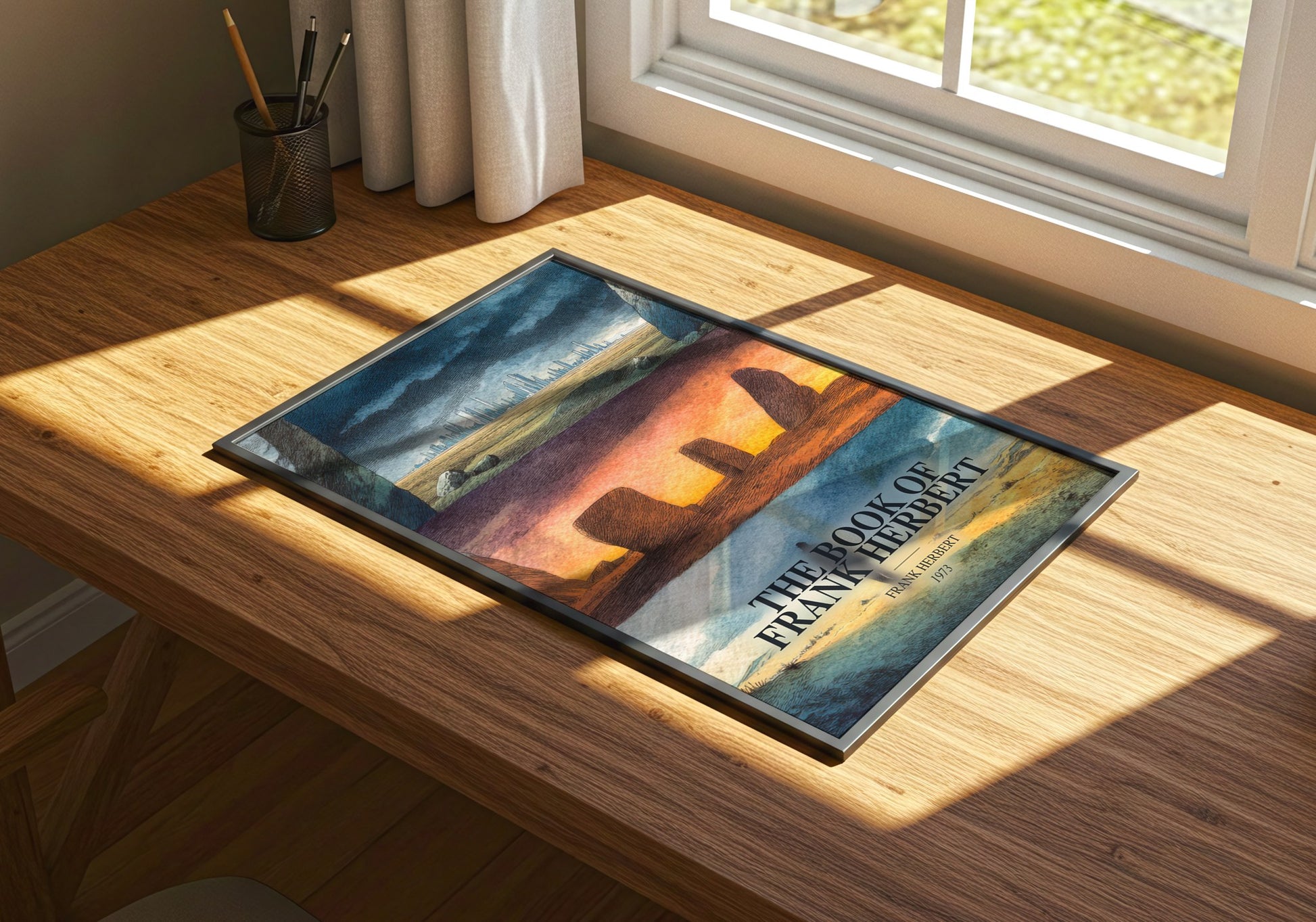 The Book Of Frank Herbert watercolour book poster framed on wall – sci fi wall art