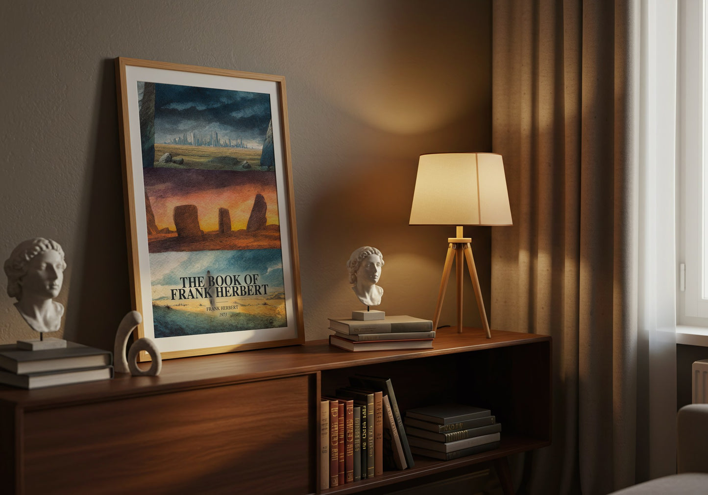 The Book Of Frank Herbert watercolour print on bookshelf – Frank Herbert fan gift