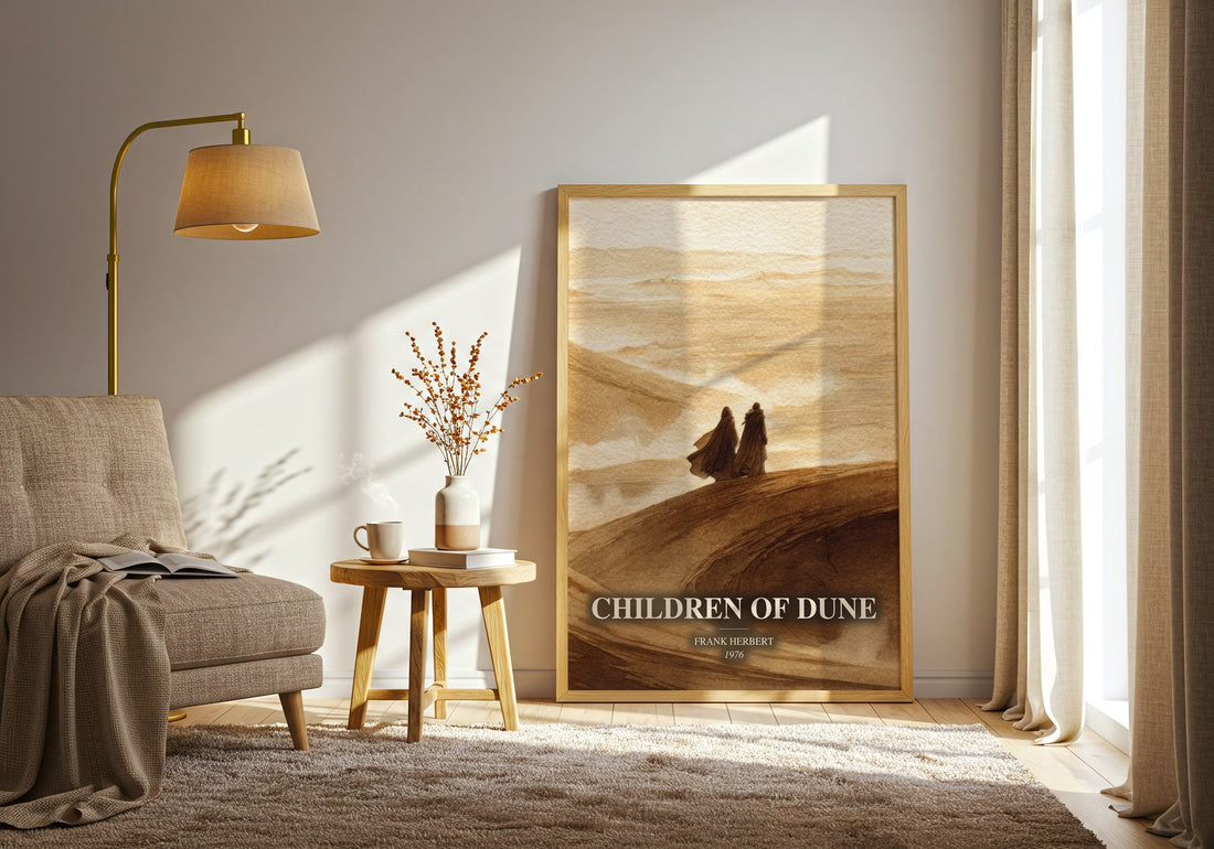 Children Of Dune watercolour print in frame leaning in hallway – sci fi wall art (mockup)