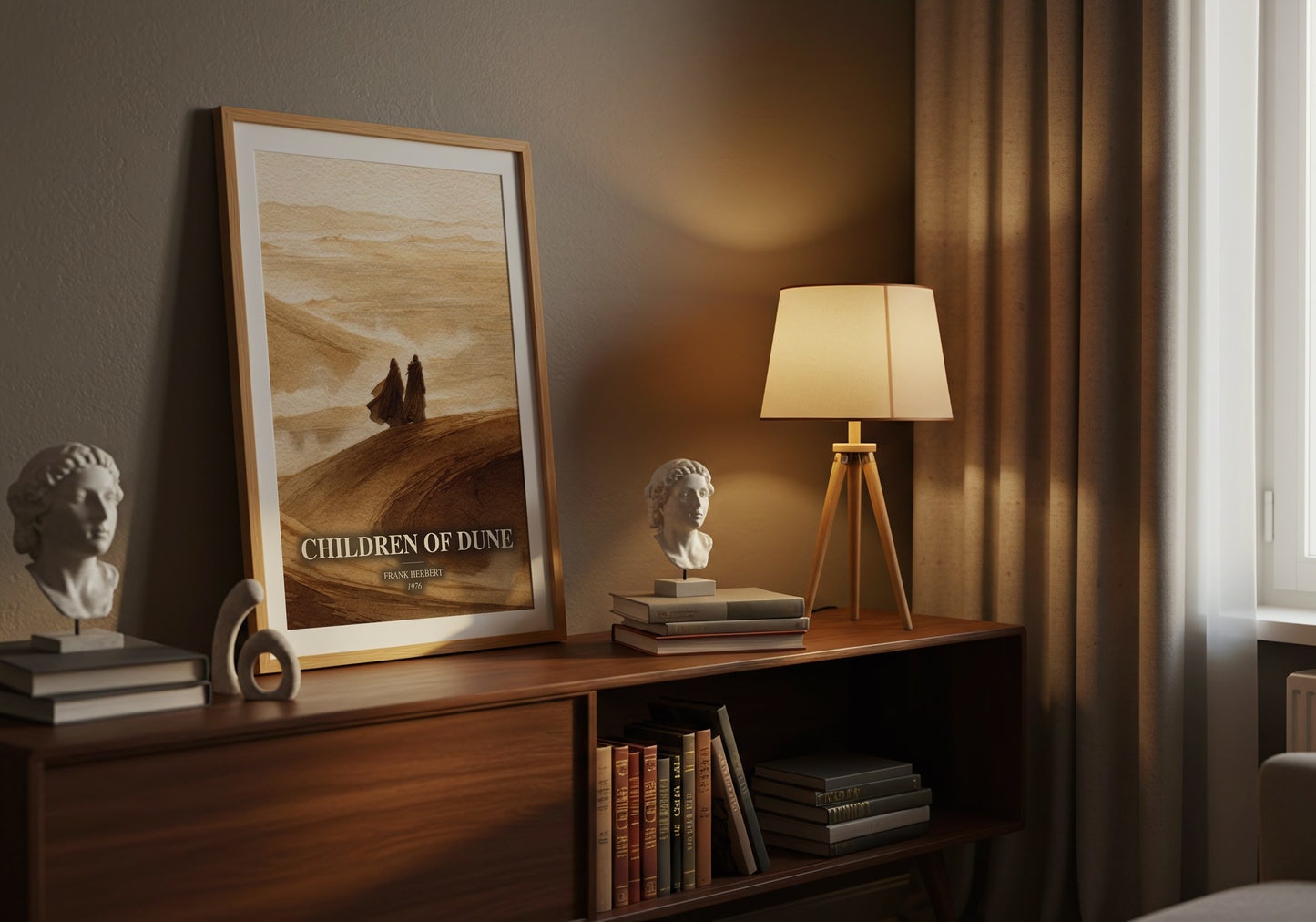 Children Of Dune watercolour print on bookshelf – Frank Herbert fan gift