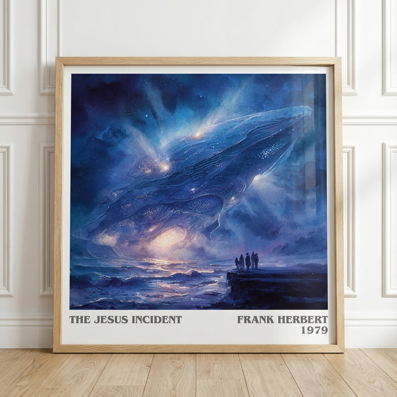 The Jesus Incident literary print in frame leaning in hallway – sci fi wall art