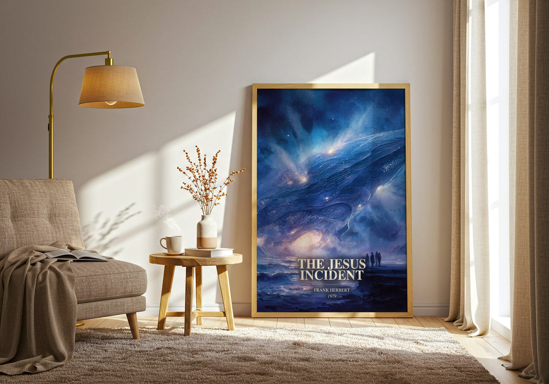 The Jesus Incident watercolour print in frame leaning in hallway – sci fi wall art (mockup)