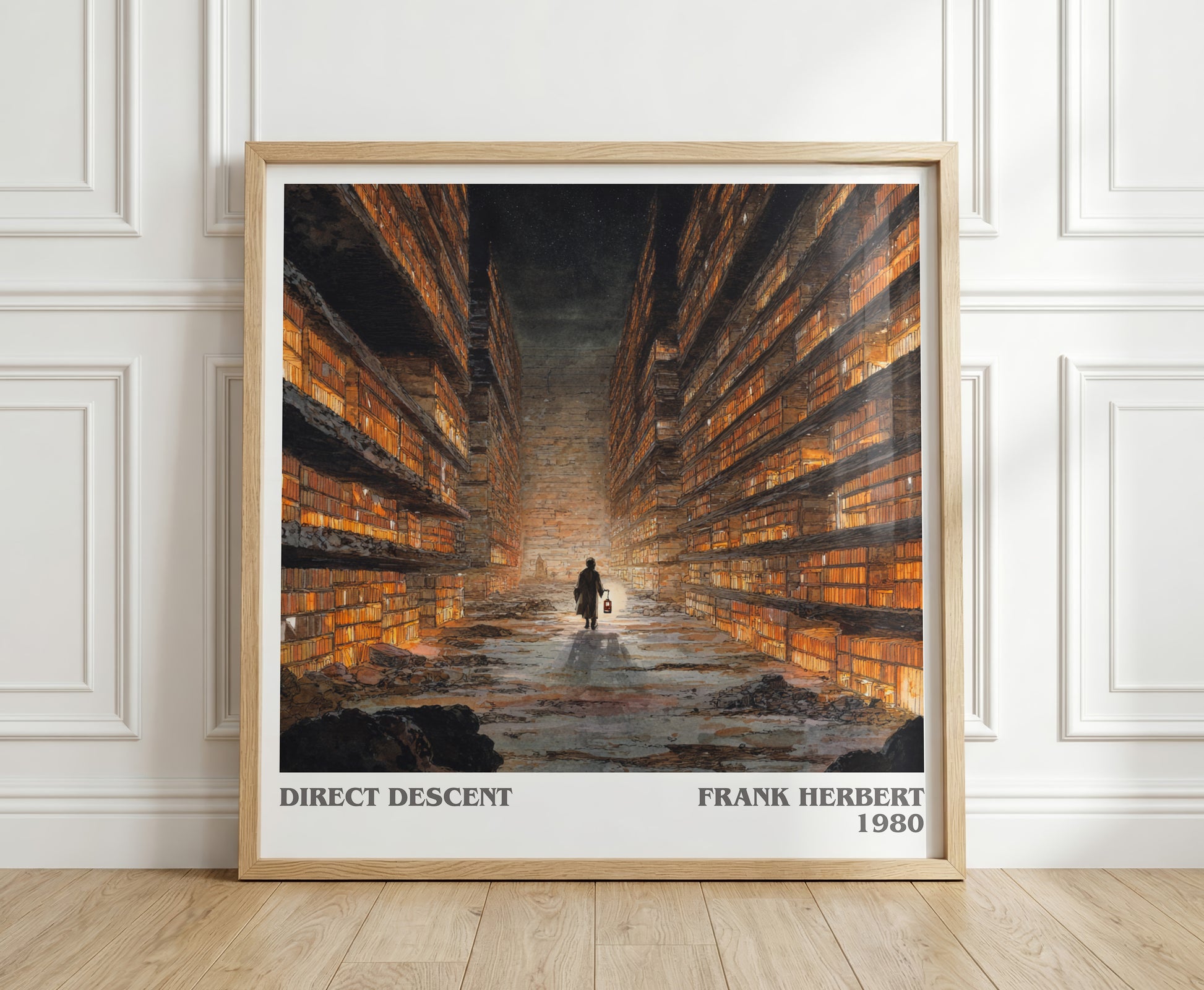 Direct Descent literary print in frame leaning in hallway – sci fi wall art