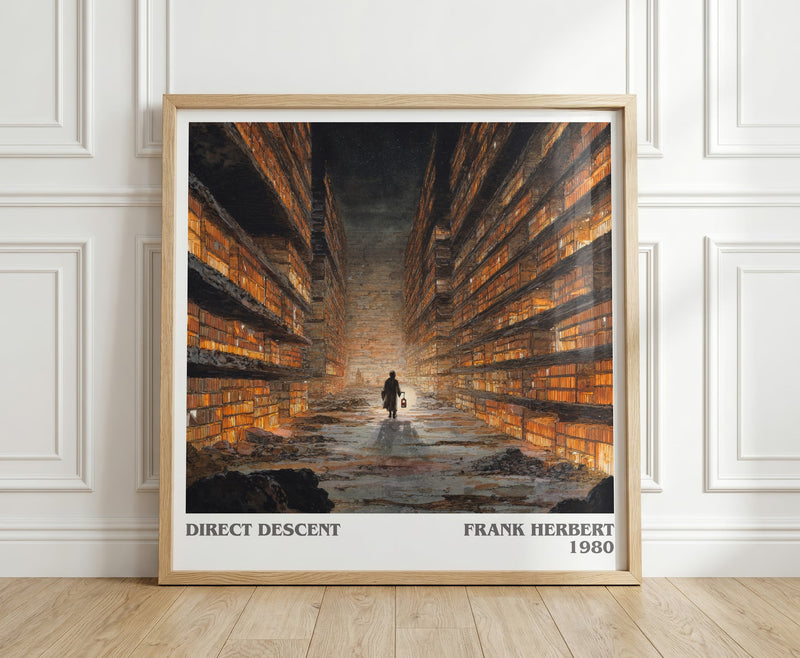 Direct Descent literary print in frame leaning in hallway – sci fi wall art