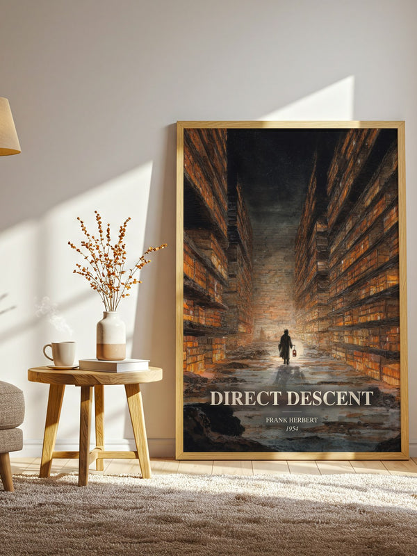 Direct Descent watercolour print in frame leaning in hallway – sci fi wall art