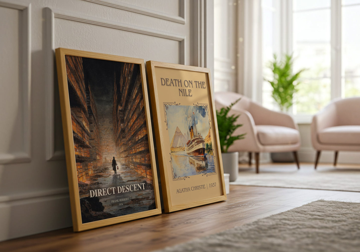 Direct Descent watercolour print framed by window – literary home decor