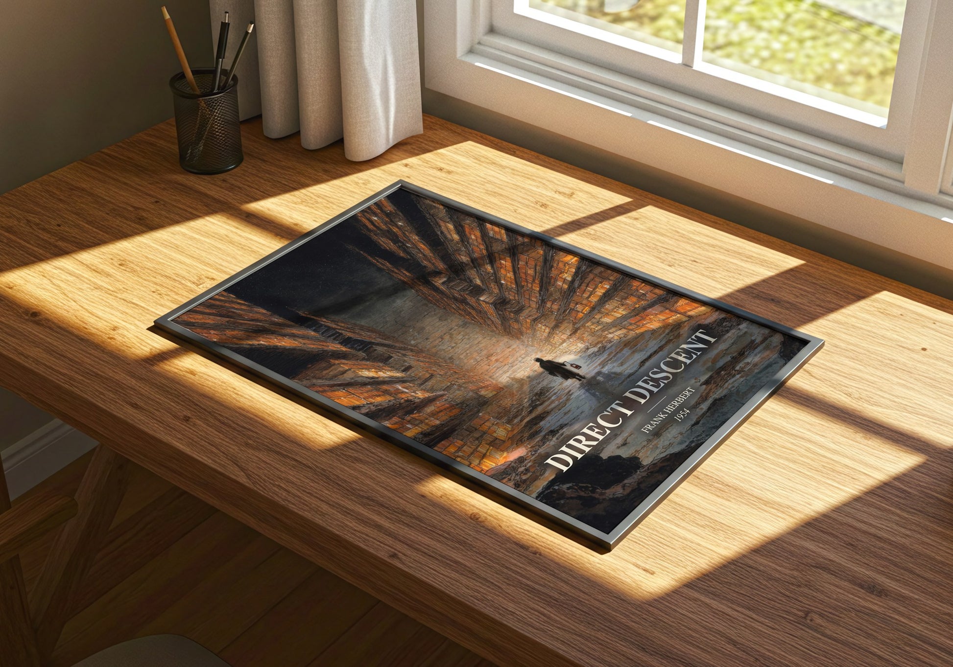 Direct Descent watercolour book poster framed on wall – sci fi wall art