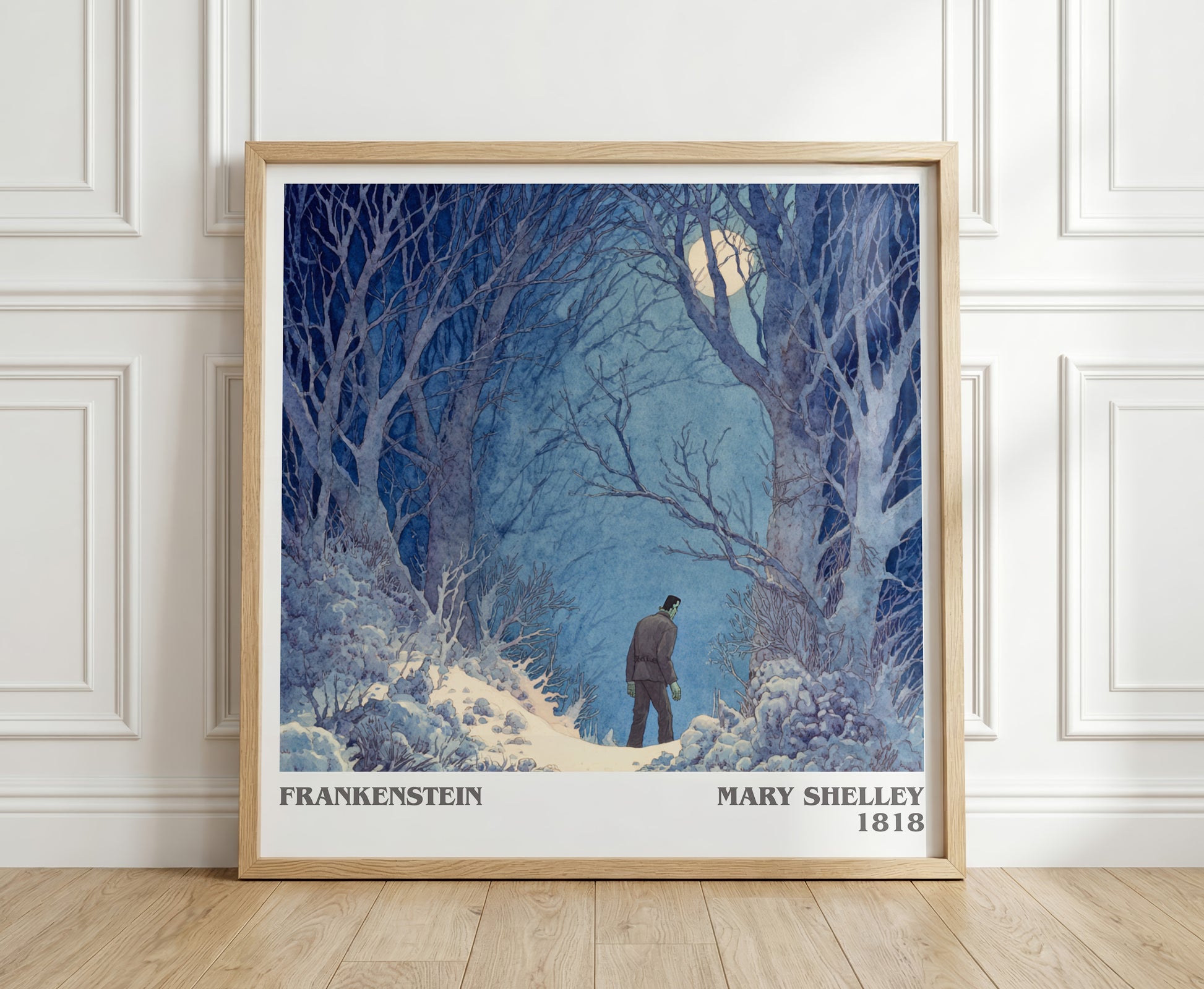 Frankenstein literary print in frame leaning in hallway – sci fi wall art