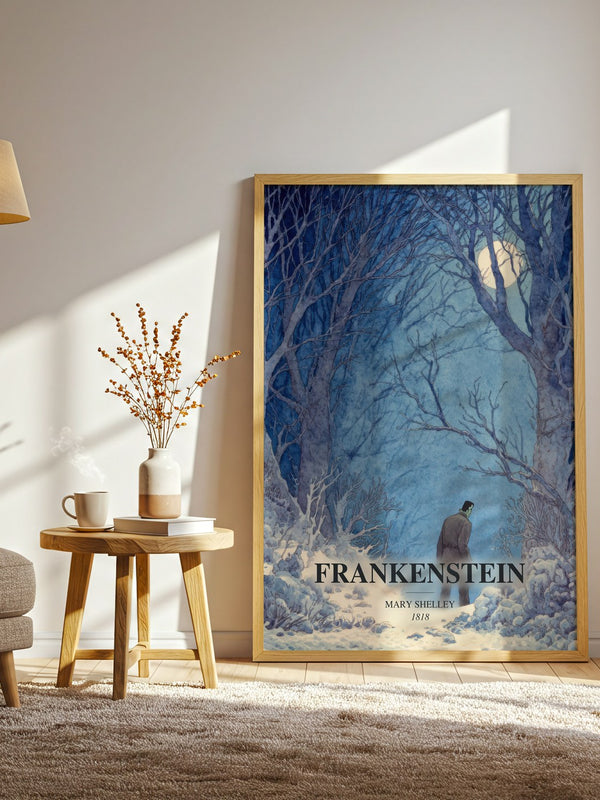 Frankenstein watercolour print in frame leaning in hallway – gothic wall art