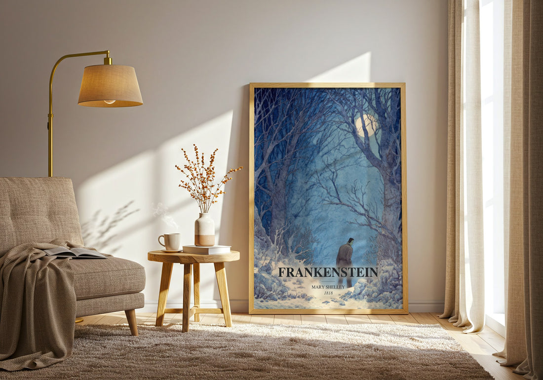 Frankenstein watercolour print in frame leaning in hallway – gothic wall art (mockup)