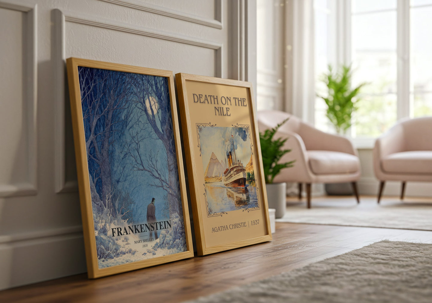 Frankenstein watercolour print framed by window – literary home decor