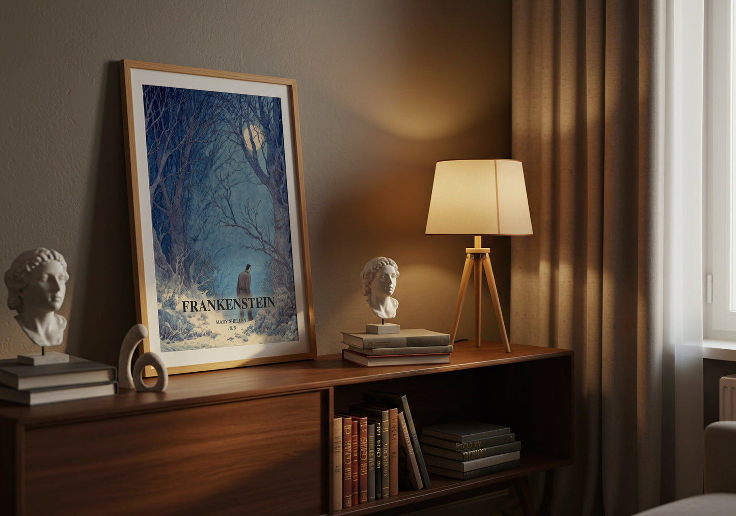 Frankenstein watercolour print on bookshelf – Mary Shelley fan gift