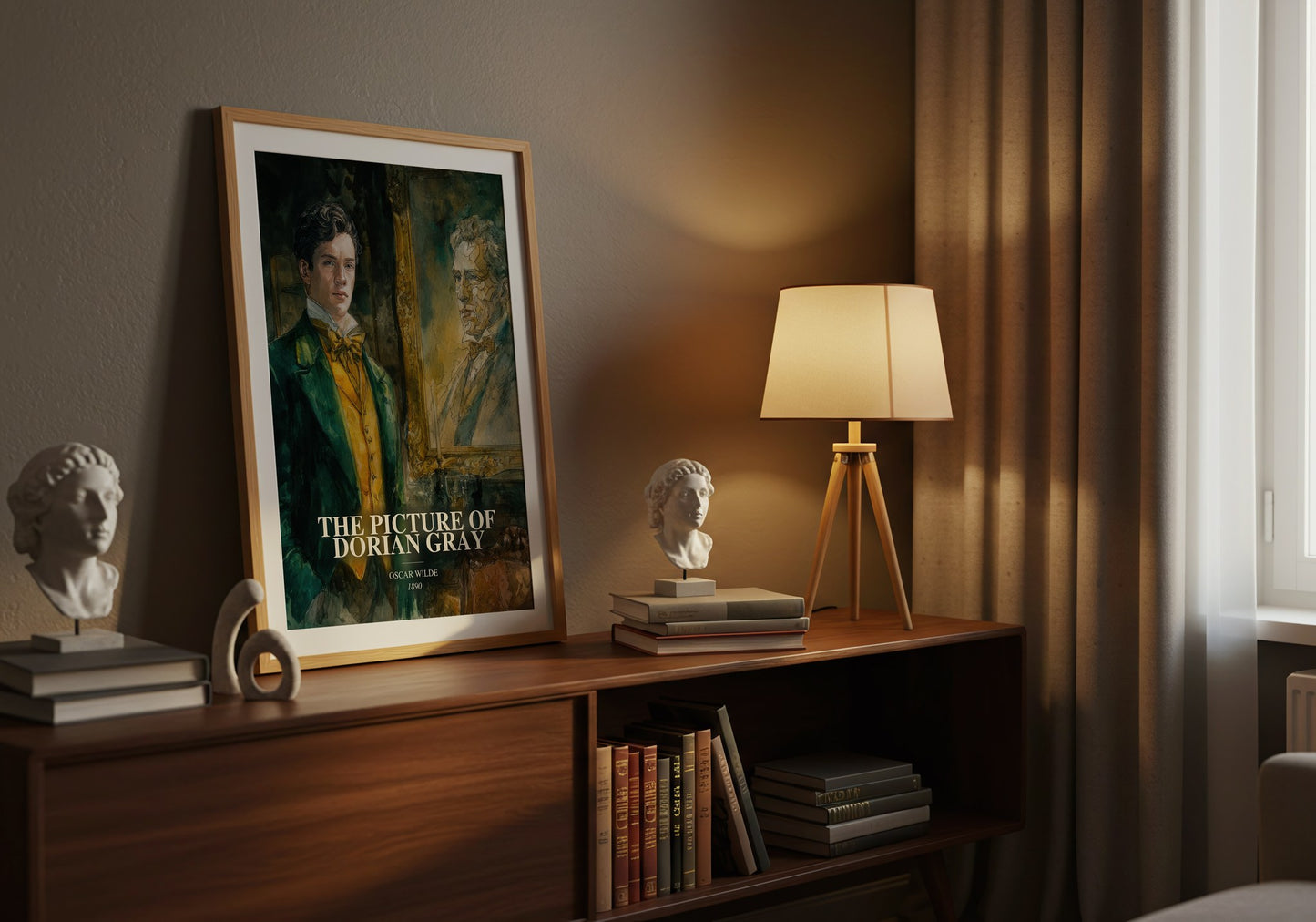The Picture Of Dorian Gray watercolour print on bookshelf – Oscar Wilde fan gift