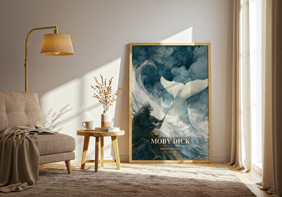 Moby Dick watercolour print in frame leaning in hallway – classic literature wall art (mockup)