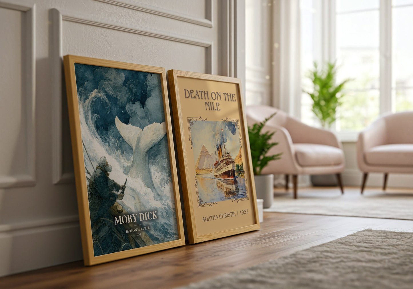 Moby Dick watercolour print framed by window – literary home decor